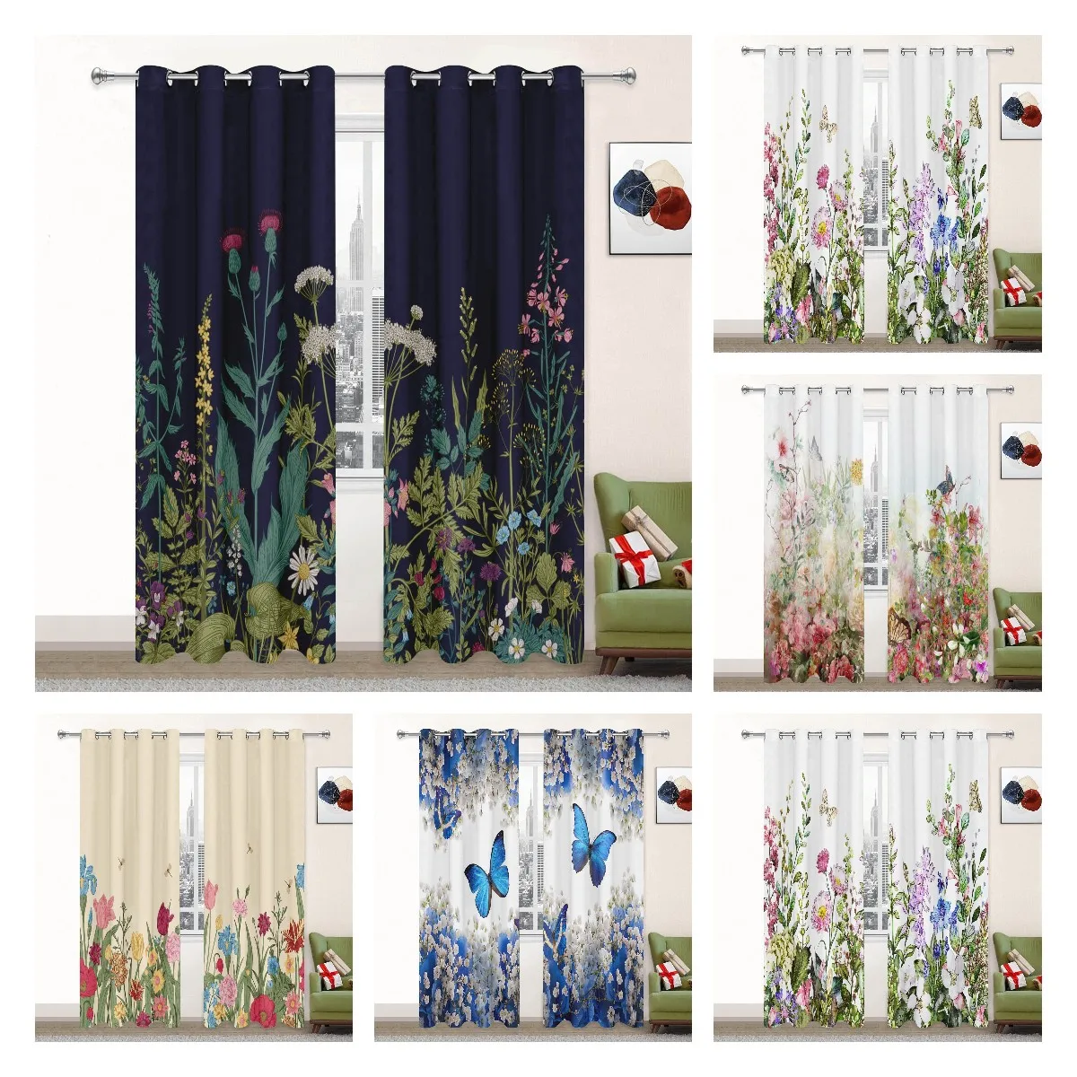 

Watercolors Flowers Curtains for Living Room Blackout Curtain for The Bedroom Aesthetic Room Decor Left and Right Biparting Open