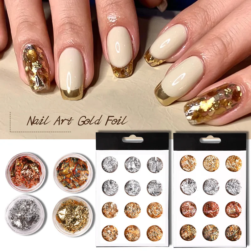 

12Pcs Glitter Aluminum Gold Leaf Foil Sequins Chrome Powder Nails Irregular Sticker Paillettes Art Decor Manicure Accessories