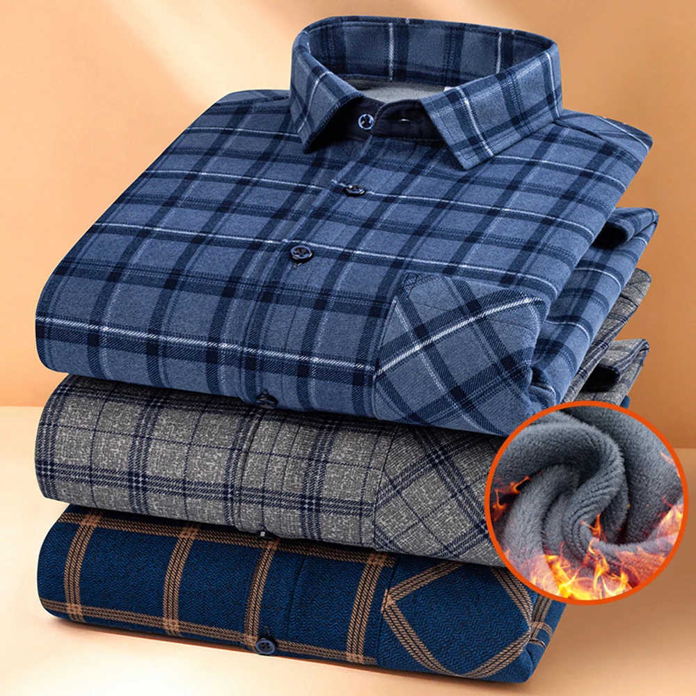 

Men's Polar Fleece Warm Plaid Shirt Long Sleeve Lapel Pocket Single-breasted Shirt Casual and Comfortable Plus Velvet Warm Coat