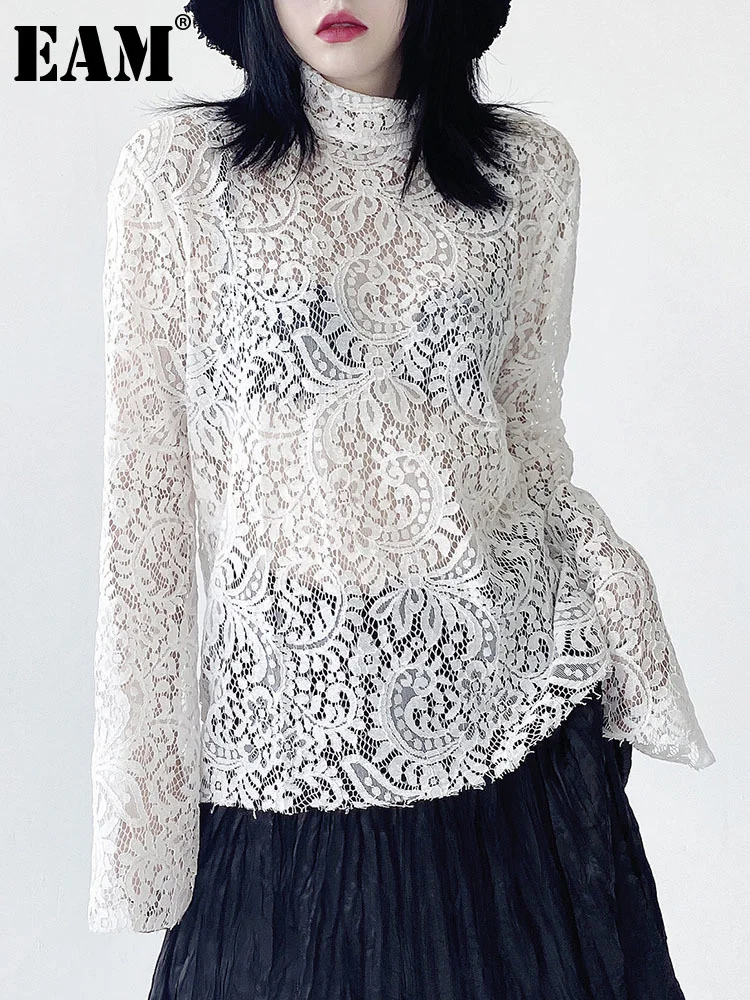 

[EAM] Women White Lace Hollow Out Big Size Elegant T-shirt New Stand Neck Long Sleeve Loose Fashion Spring Summer 2023 1DF9625