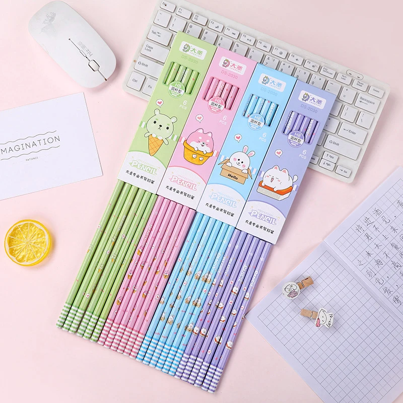 

6Pcs/Set Cute Kawaii Cartoon Pencil HB Sketch Items Drawing Stationery Student School Office Supplies for Kids Gift
