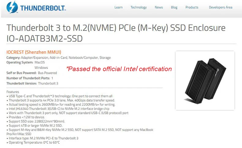 Корпус с сертификатом Thunderbolt 3 40 Гбит/с для ноутбука настольного компьютера M.2 NVME