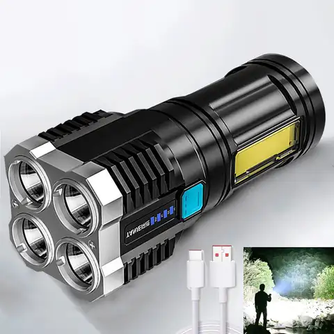 Фонарик высокой мощности с 4 светодиодами, перезаряжаемый от USB уличный портативный мини-фонарик, ярсветильник светильник в горшке, светиль...