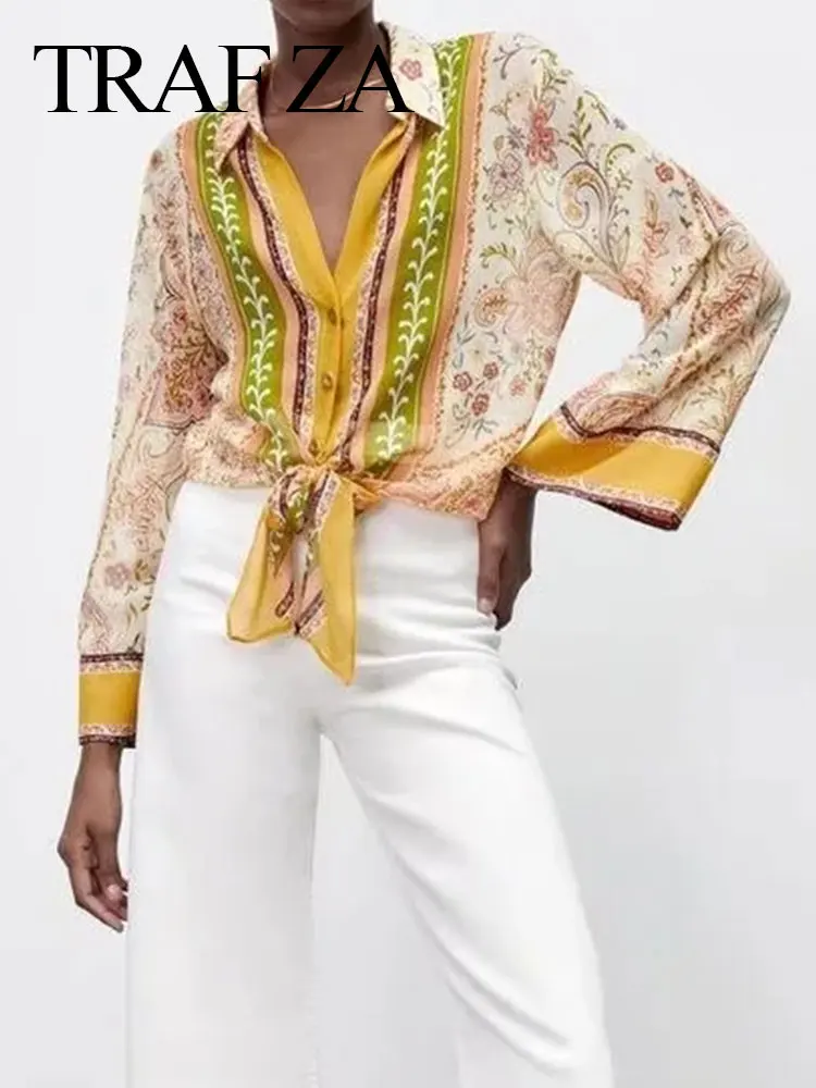 

TRAF ZA Vintage Lady Shirt Lapel Button Print Floral Long Sleeve Top Fashion Casual Loose Elegant Lace Up Blouse + Series Dress