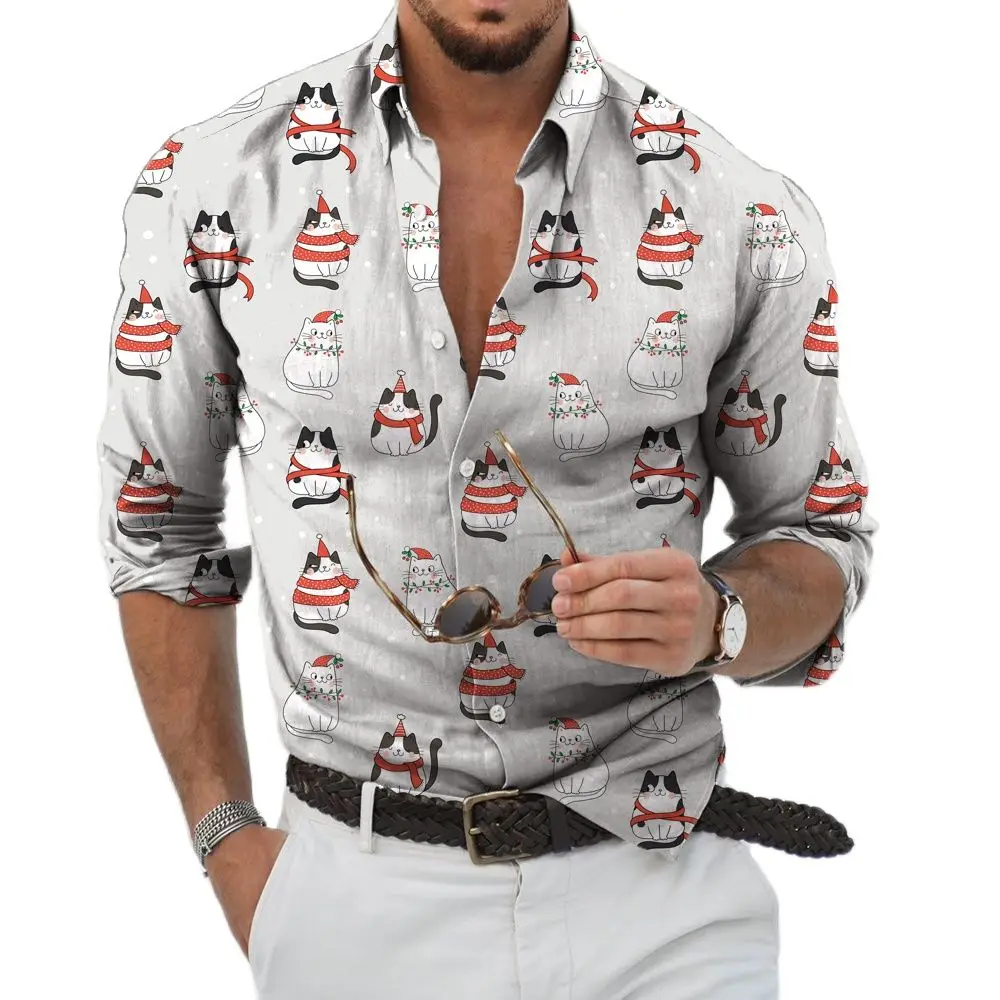 2022 New Men's High Quality Collar Button Shirt Casual Christmas Print Long Sleeve Top Men's Dress Party Cardigan S-6XL