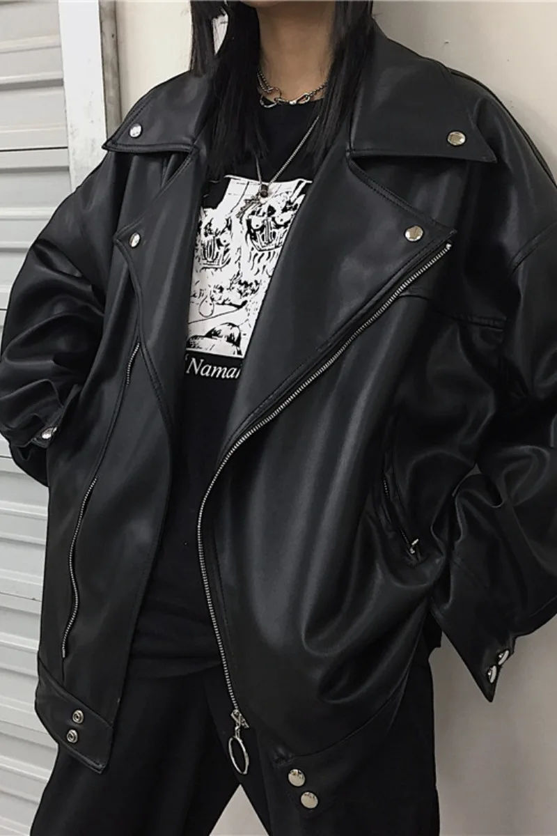 Outerwear Women's Autumn 2022 American Retro Black Motorcycle Leather Design Loose PU Jacket Top Black Gothic Clothes