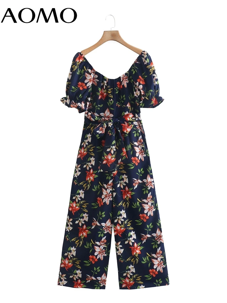 

AOMO Women Summer Floral Print Long Jumpsuit Short Sleeve Pocket V Neck Female Casual Jumpsuit 8Y68A