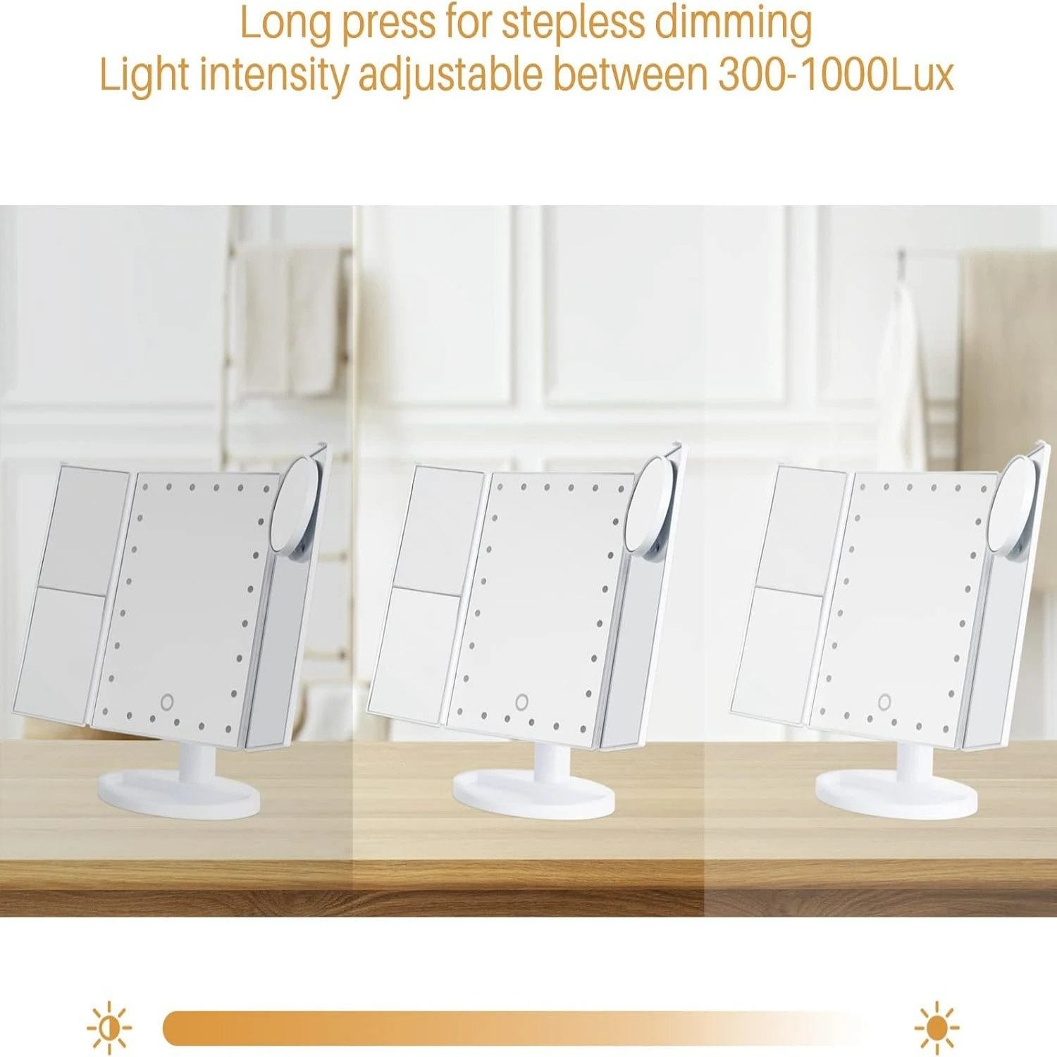 Портативное дорожное тройное косметическое зеркало со светодиодной подсветкой