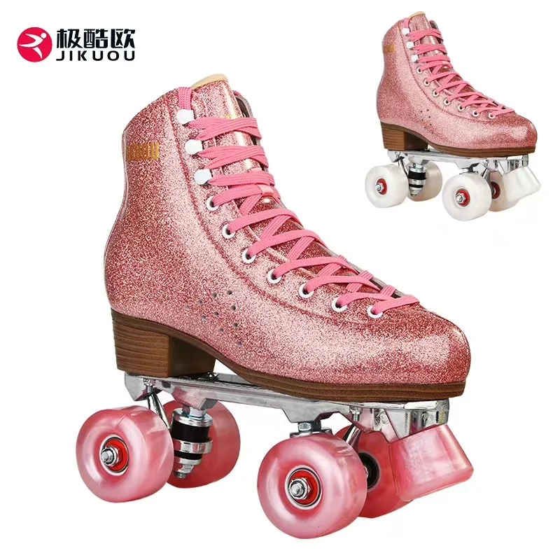 High Quality Women Children Pink Leather Roller Skates Shoes Patines With 2 Row 4 PU Wheels Skating Sliding Quad Sneakers