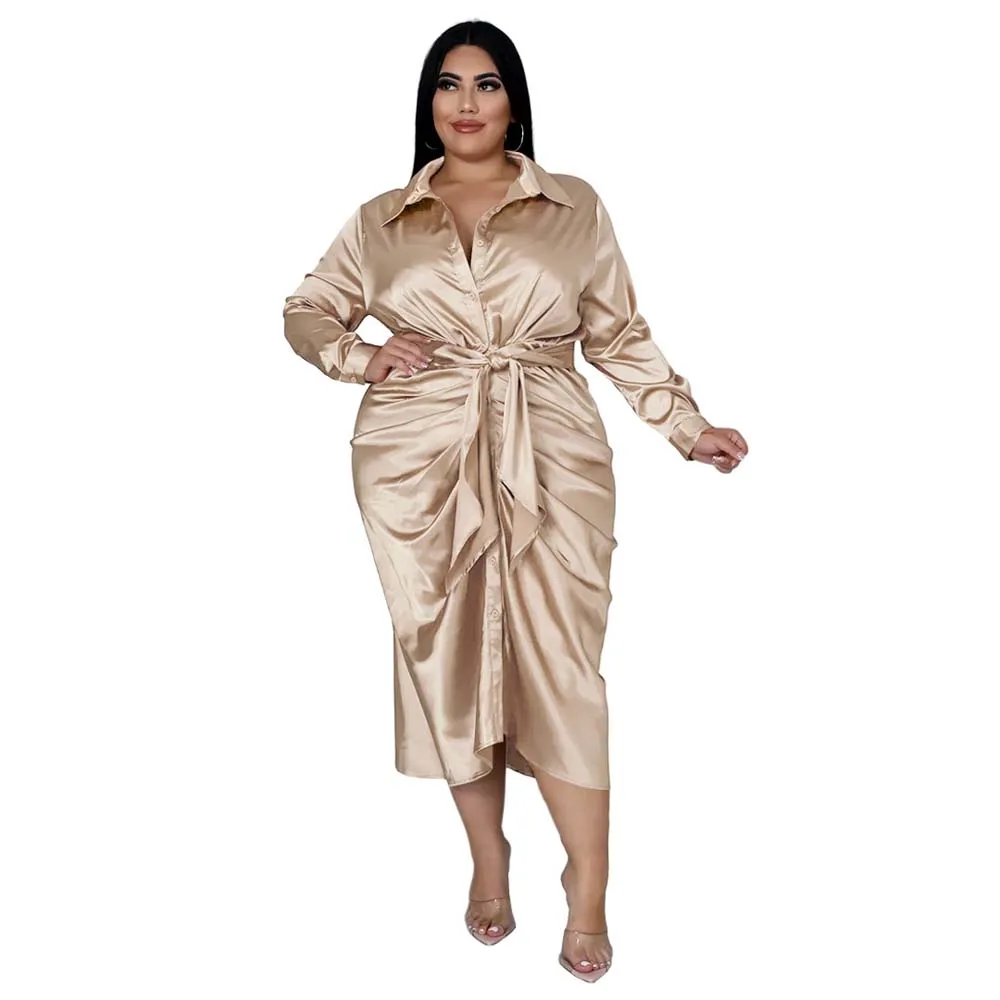 Dress Office Lady Midi Fashion Stain Women Long Sleeve Robe Large Sizes Curve Female Casual Pleated Female Shirt Dress Plus