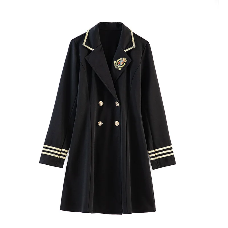 Black Uniform Style Blazer Women Dresses Double Breasted Slim Waist Long Sleeve Casual Suit Woman Plus Size Embroidery Blazers