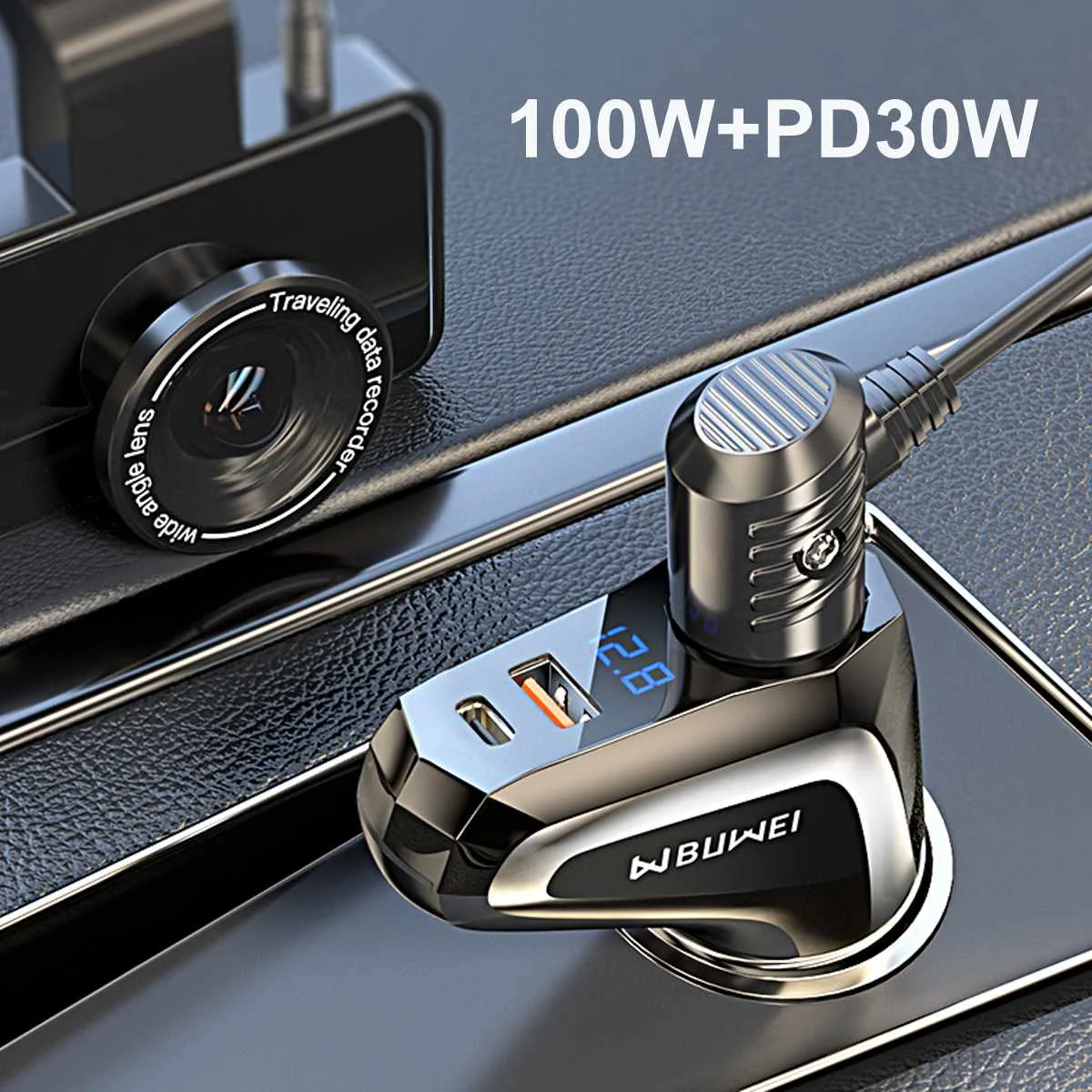 Автомобильное зарядное устройство Buwei DM31 с Type-C PD30W и 100W, супер быстрая зарядка, USB, Хрустальный процесс резки, ЖК-дисплей