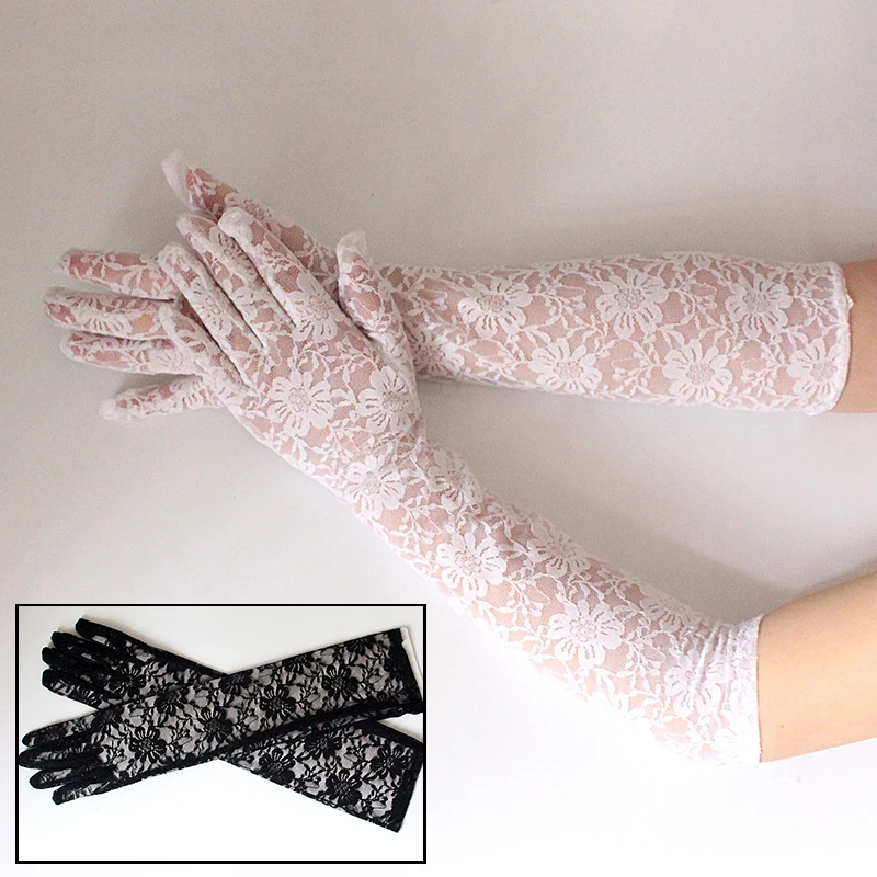 

Women Lace Long Gloves Driving Ultra-Thin Sunscreen Gloves Black White Red Lace Floral Hand Long Mesh Mittens Evening Party