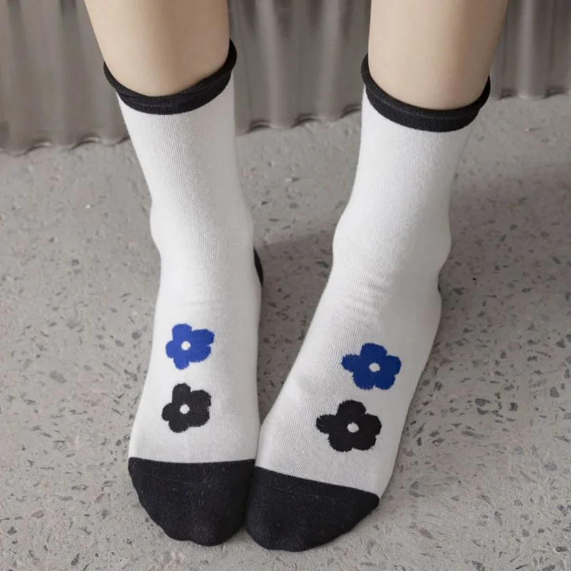 5 Pair Funy Pure Cotton  Women Cute Printing Smiley Face Long Ladies Socks Set Fashion Splicing Japanese Style Brand Woman Socks