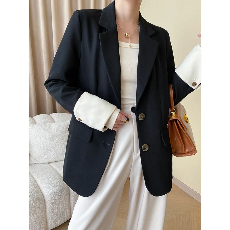 

SuperAen Stylish Contrast Color Autumn Casual Lapel Korean Blazer Patchwork Sleeve Office Lady Blazer Women