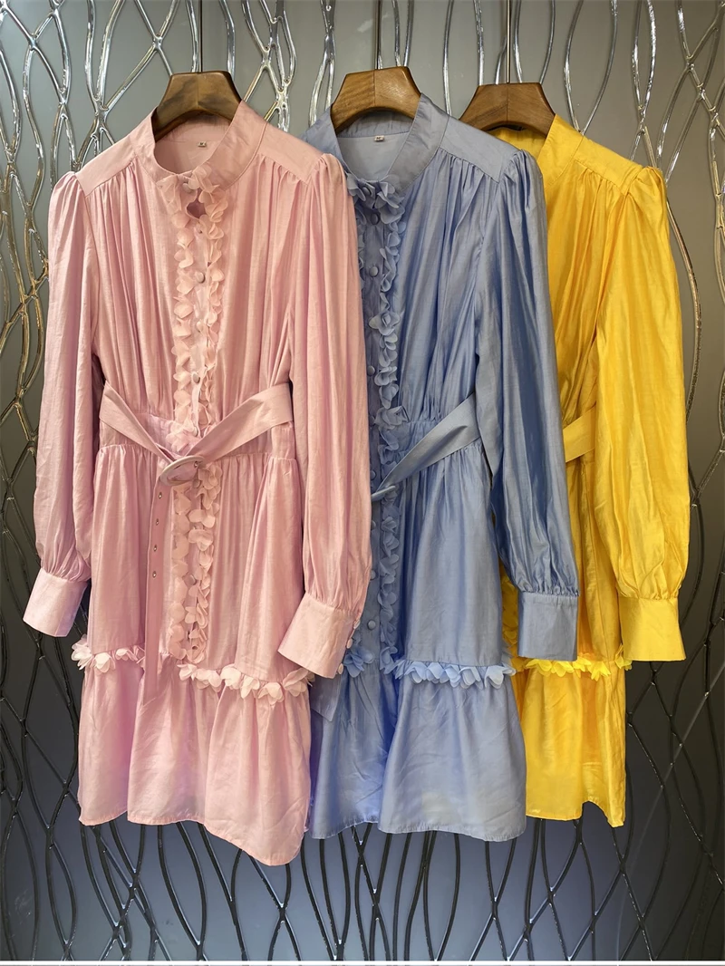 New Arrival Dress 2022 Summer Fashion Vestidos Women Ruffle Floral Belt Deco Long Sleeve Casual Yellow Blue Pink Dress Button