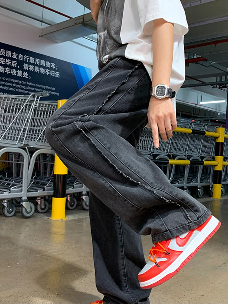 Baggy Jeans Men Fashion Side Stripes Aesthetic Jean Trousers Vaqueros Y2K Autumn Light Blue Distressed Straight Leg Denim Pants