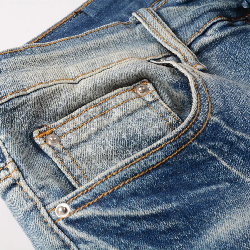 Fashion Designer Men Jeans Retro Light Blue Elastic Stretch Slim Ripped Jeans Men Streetwear Hip Hop Brand Printed Denim Pants