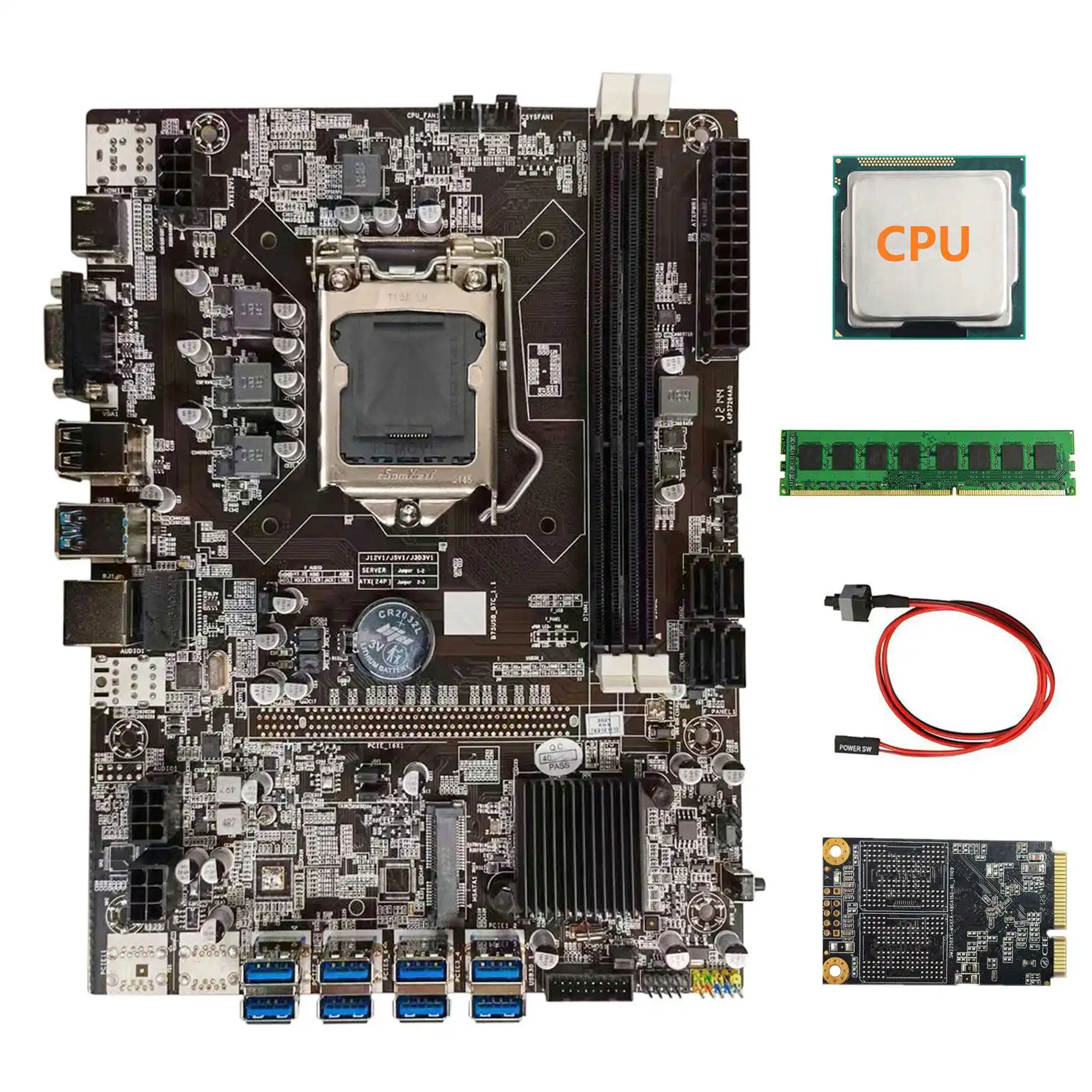 

B75 USB BTC Mining Motherboard+Random CPU+DDR3 4GB 1600Mhz RAM+128G SSD+Switch Cable LGA1155 8XPCIE to USB B75 BTC Board