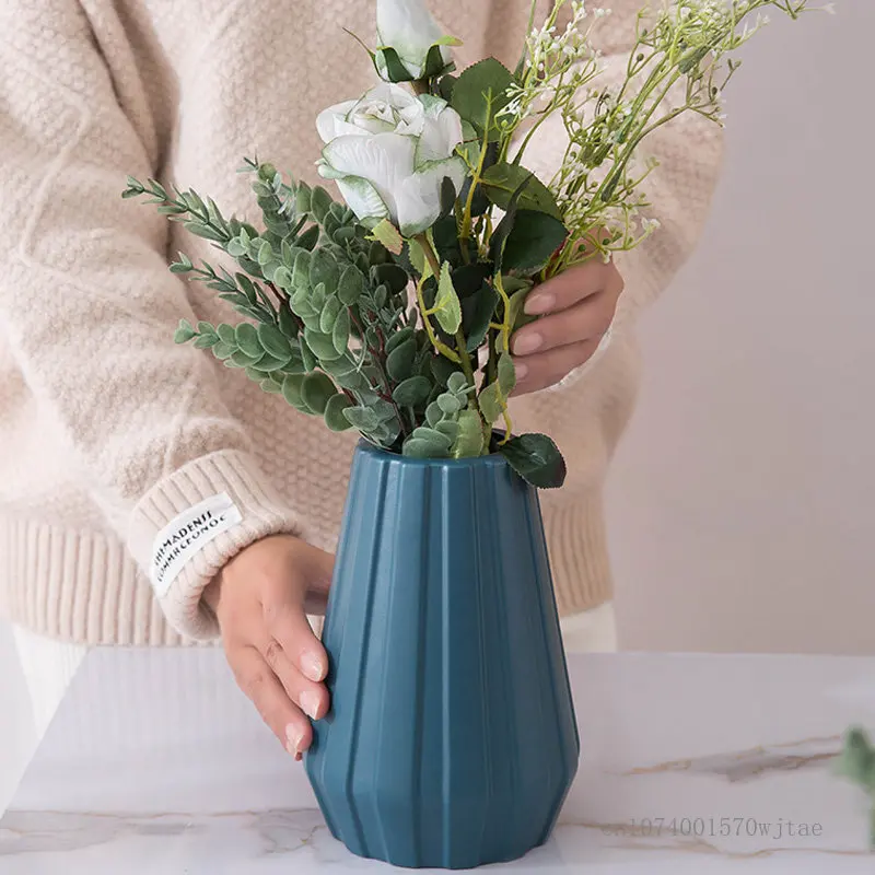 

Nordic Colorful Flower Ware New Plastic Vase Decor Throw resistant Vase for Home Living Room Dining Room imitation glaze vase