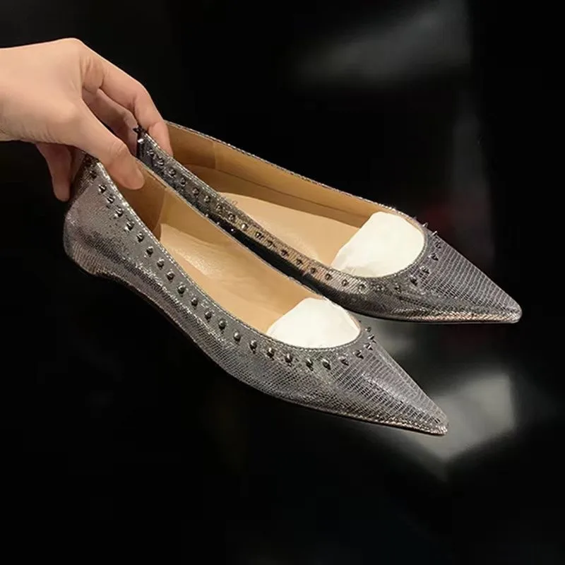 

Korean Shoes All-Match Casual Female Sneakers Rivets Studs Shallow Mouth Dress Flats Women Pointed Toe Genuine Leather 2023 New