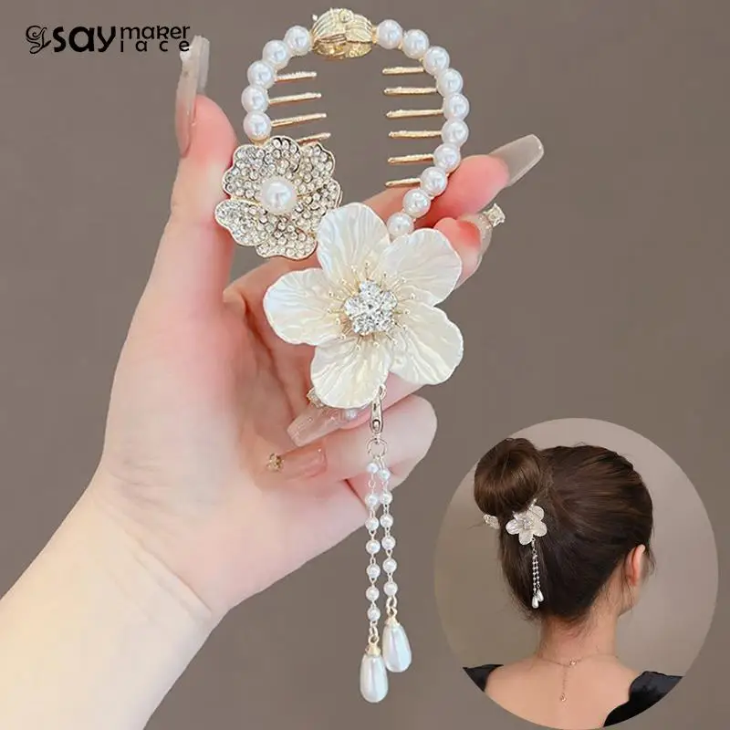 

1PCS Women Girls Rhinestone Pearl Tassel Style Hairpin Barrette Hair Pins Fashion Camellia Frog Buckle Ponytail Hair Accessories