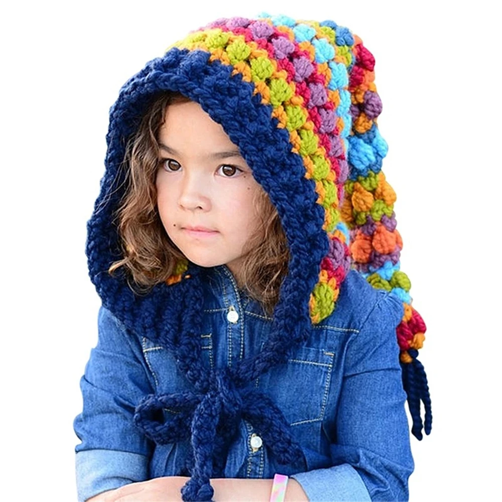 

Kids Winter Wool Hats Handmade Crochet Beanie Hat Children Warm Knitted Rainbow False Collar Hat Hooded Cap Boy Girl Xmas Cap
