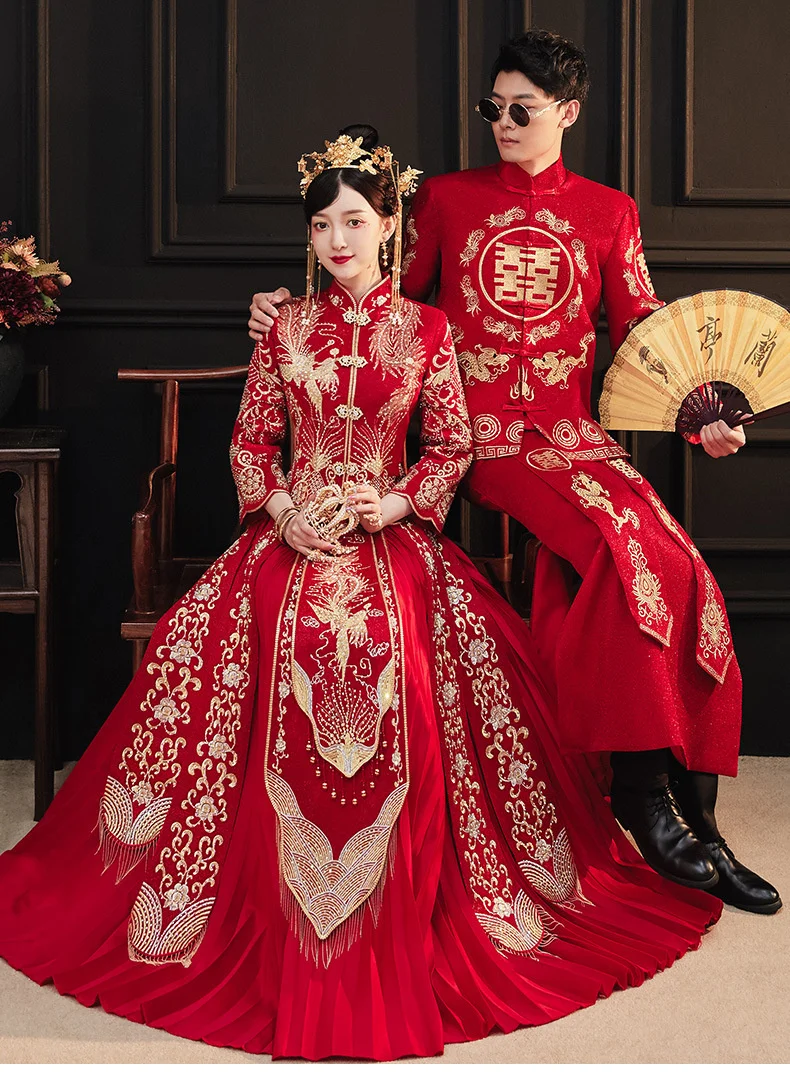 

Cheongsam Hanfu Embroidery Dragon Phoenix Chinese Traditional Couple Wedding Suit Cheongsam Elegant Bride Vintage Qipao Dress