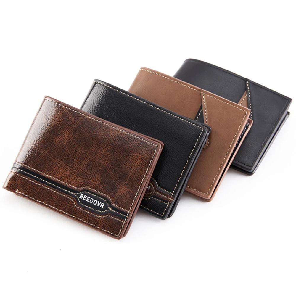 

Vintage Men's Wallet Patchwork Leather Three Fold Short Wallet Carteira Pequena Small Male Money Bags Coins Purse Card Holder