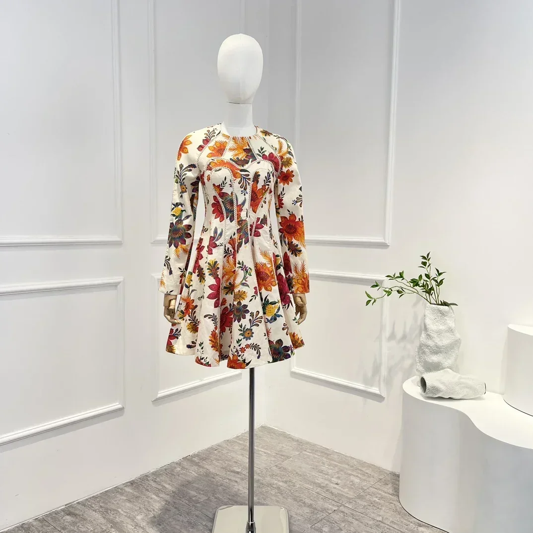 

Linen Top Quality 2023 Spring Summer New Vintage Floral Printing Waist Long Sleeve Braid Folds Mini Dress for Woman