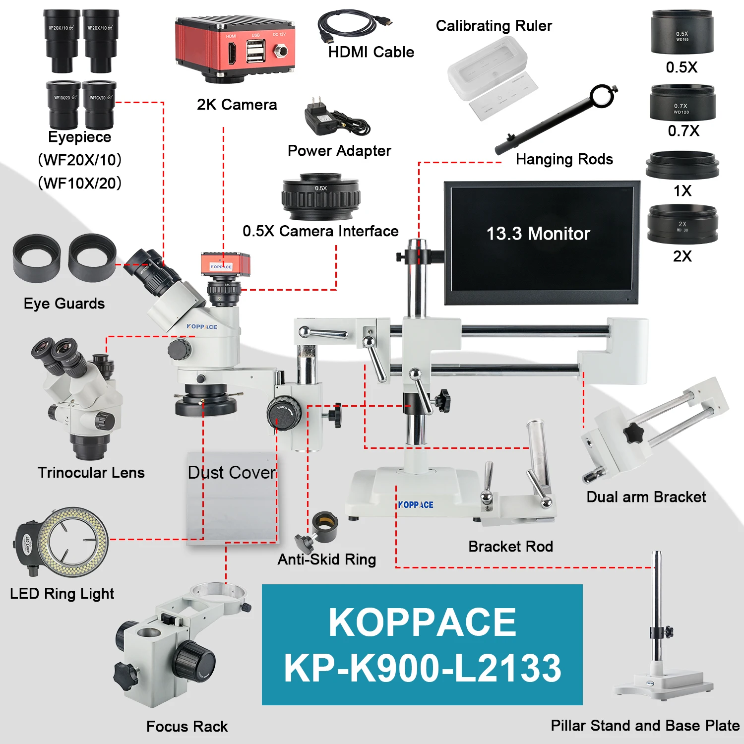 Фото Электронный измерительный микроскоп KOPPACE 3.5X-180X с тринокулярной насадкой, поддержкой 2K HD-изображений, возможностью съемки фото и видео, 13,3-дюймовым дисплеем №2