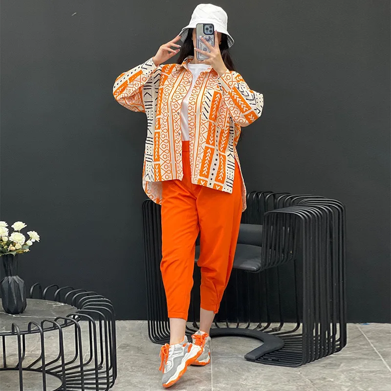 Casual Suit Loose Plus-size Fashion Women's Long-sleeved Shirt Corset Harlan Pants Cotton and Linen Two-piece Set