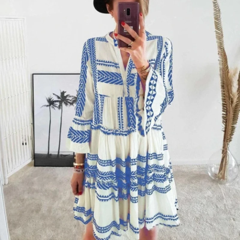 

Printed Dress Women Summer Nine Quarter Sleeve Loose V Neck Female Elegant Retro Casual Stripe Short Dresses Holiday