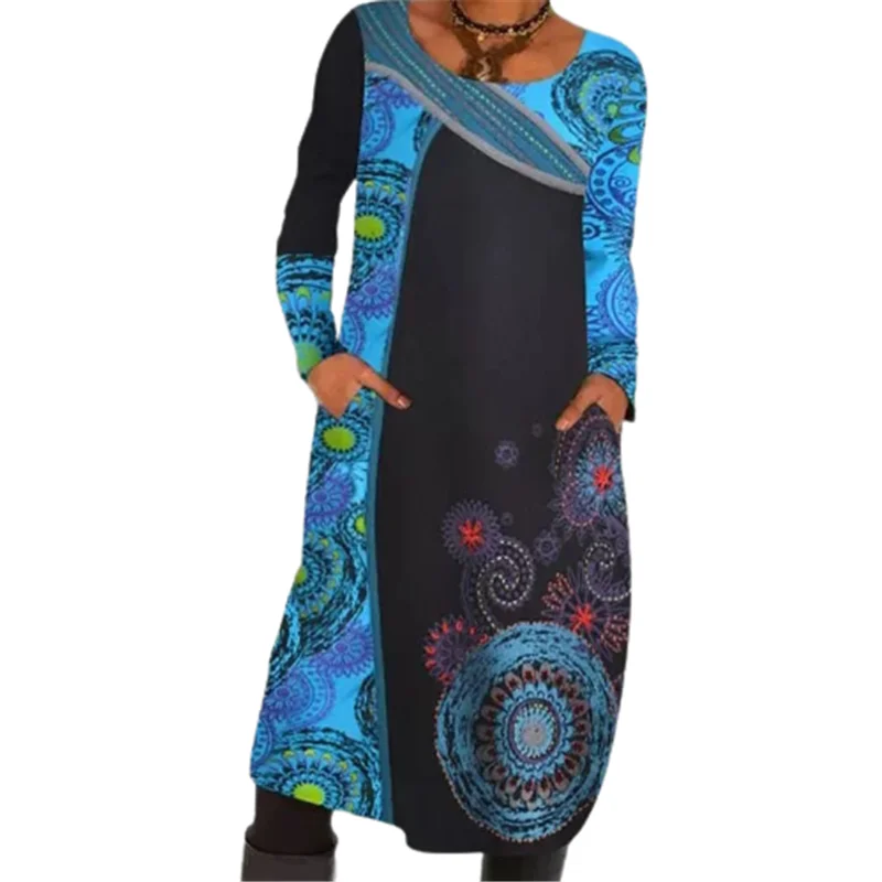 

New Spring Women Dresses 2022 Long Sleeve Vintage Indie Folk Print Dress Casual O-Neck Loose Pockets Straight Dress Vestidos