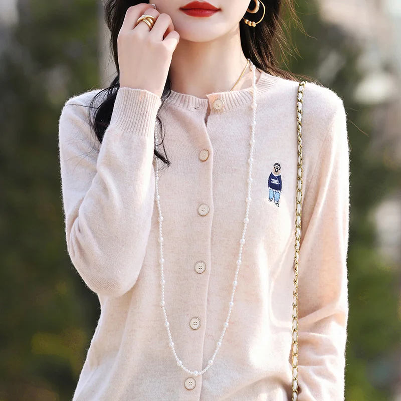 Женский шерстяной свитер с круглым вырезом Свободный вязаный кардиган из 100%-ной