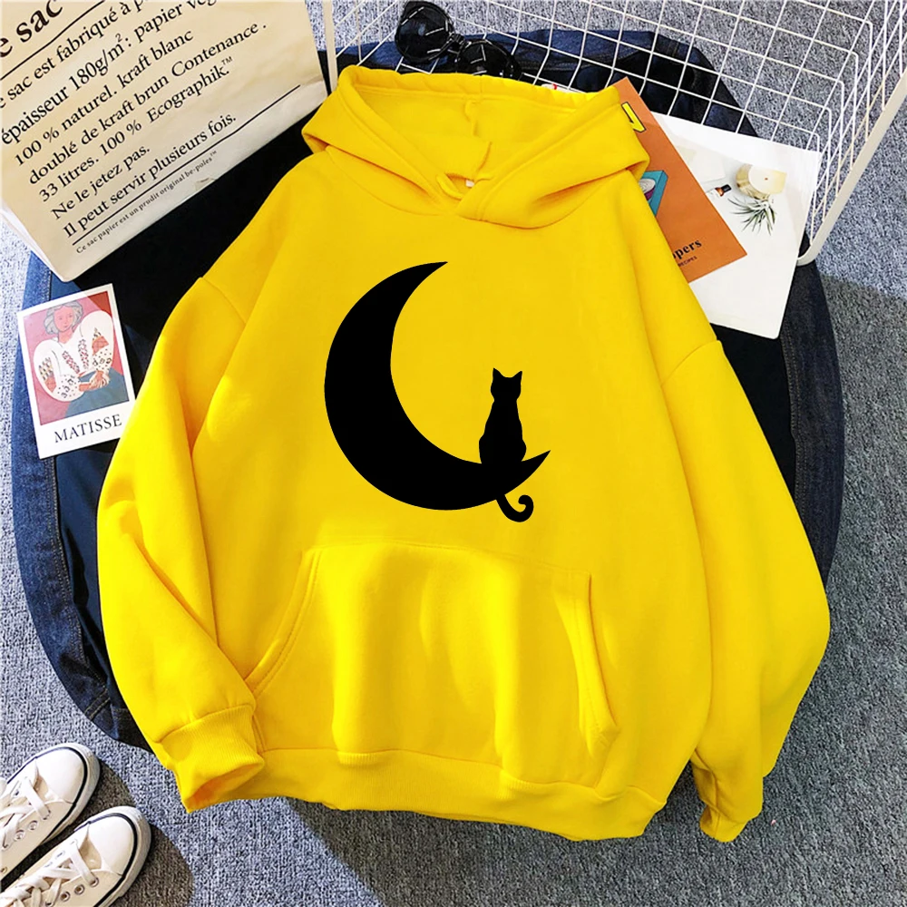 Cat Moon Printing Men Hoodies Fleece Warm Comfortable Pocket Sweatshirt Autumn Breathable Soft Pullover Man Women Streetwear