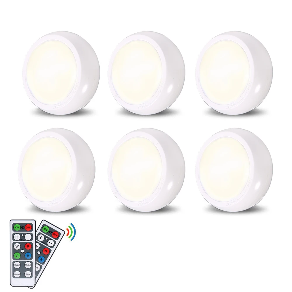 Беспроводные светодиодные лампы Puck для кухни под кабинетом с пультом дистанционного управления, питающиеся от батареи, с возможностью регулировки яркости, для ночного шкафа.