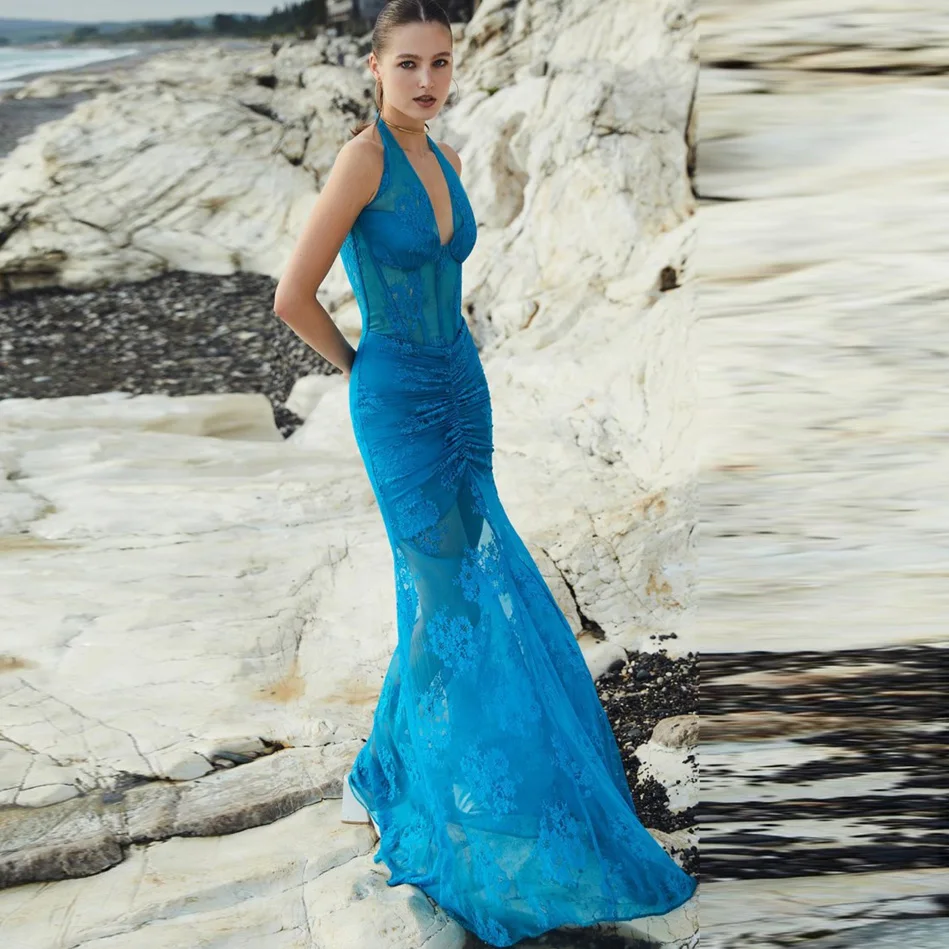 

Halter Ice Blue Lace Dress See Through Women Clothing Open Back Evening Dresses For Women Custom Made Trumpet Prom Dress