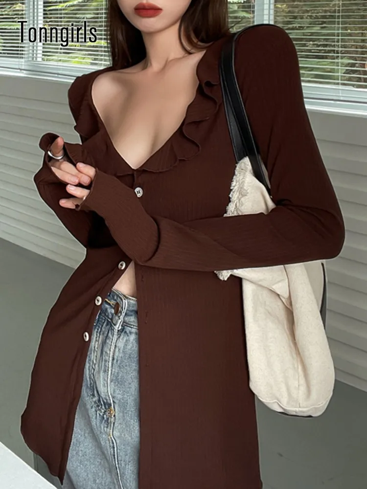 

Tonngirls Sexy T Shirt Women Long Sleeve Skinny Vintage T Shirt Y2k Tops Ruffled Spring Fashion Clothes Streetwear Tee Tops 2022