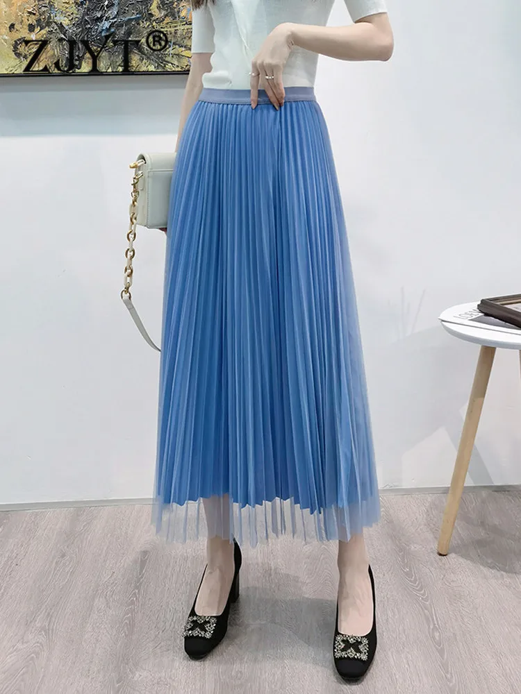 

Модная дизайнерская плиссированная сетчатая юбка миди ZJYT для женщин, Элегантные повседневные универсальные юбки с эластичным поясом, летн...