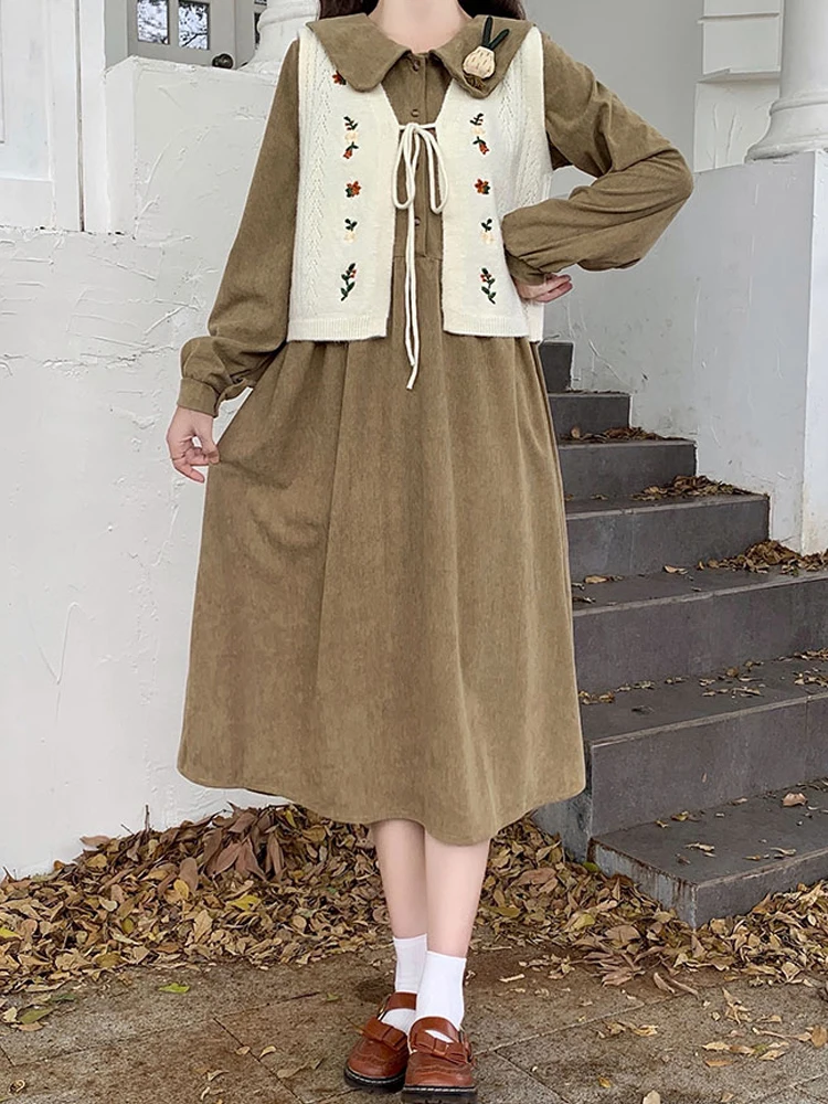 Женское вельветовое платье-рубашка с длинным рукавом и воротником Питер Пэн