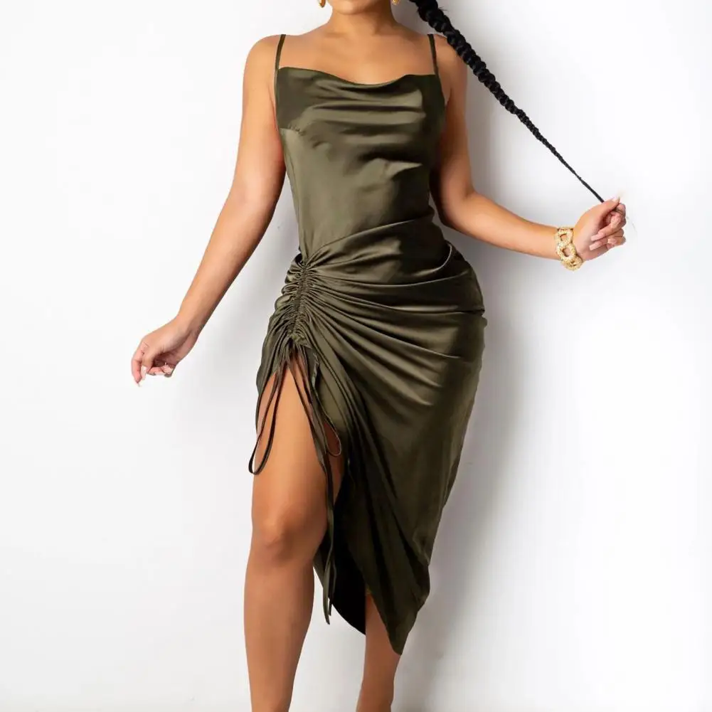 

Slim Backless Women Dress Sexy Ladies Shirring Split Dress Summer Backless Low Neck Sling Dress for Party