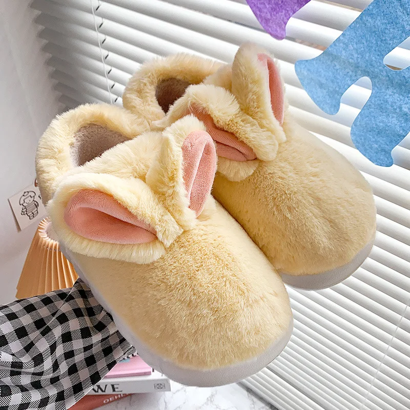 Cute Rabbit Cotton Slippers Woman Cute Cartoon Plush Shoes Slides Winter Indoor Warm Fluffy Platform Female Home Cotton Slipper