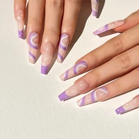 24pcs false nails long ballet purple line star and moon fake nail tips full cover acrylic for girls fingernails