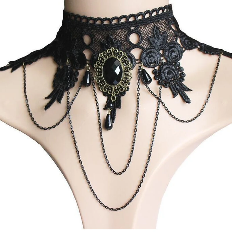 

Fashion Tassel Earrings Punk Style Gothic Choker Necklace Rhinestone Charms Necklace Vintage Bracelet Lace Pendant Wedding Party