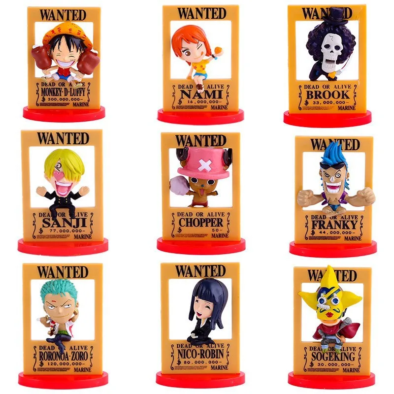 

9pcs Anime One Piece Luffy Zoro Sanji PVC Wanted Posters Cute Ornaments Action Figures Desktop Decoration Poster Toys