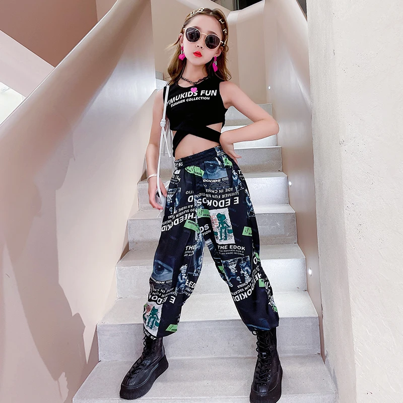 

Summer Suit Girls Clothes Cross belt Vest Short Waist Tops Bloomers Print Harem Pants Tracksuit Dress School Girls Dance Outfit