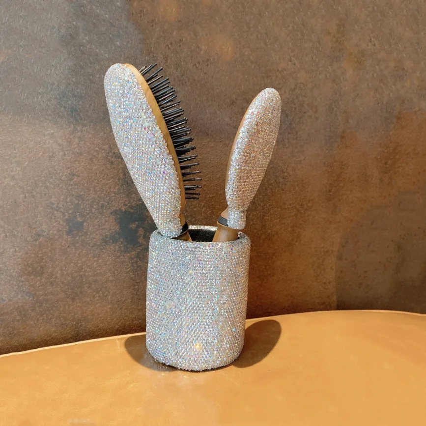 

Rhinestones Airbag Massage Hair Care Comb Wood Mirror Suit Multi-purpose Dressing Table Makeup Brushes Storage Organize Bucket