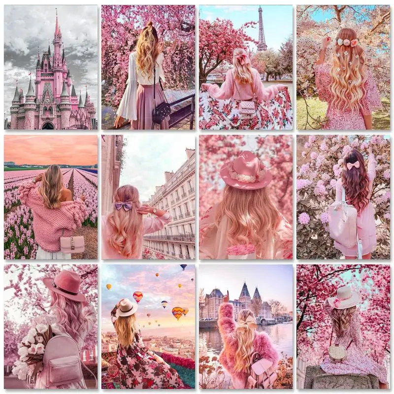 

RUOPOTY Acrylic Frame Painting By Numbers Kits Pink Flowers Landscape Coloring By Numbers Romantic Picture 60x75cm For Diy Gift