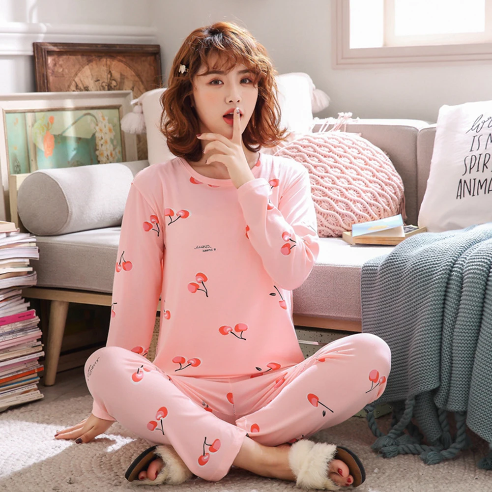 

2pcs Sexy Pajamas Set Elegant Women O-Neck Printing Long Sleeve Tops Female Elastic Waist Trousers Leisure Clothes Nightwear
